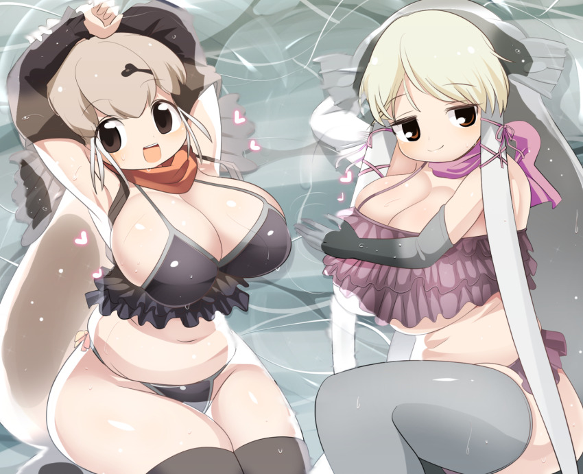 2girls armpits arms_up bikini black_bikini black_sleeves blonde_hair blush breasts brown_eyes brown_hair cleavage closed_mouth commentary_request detached_sleeves elbow_gloves feet_out_of_frame fins frilled_bikini frills gloves grey_gloves grey_hair grey_thighhighs head_fins highres huge_breasts kemono_friends lets0020 long_hair looking_at_viewer multicolored_hair multiple_girls navel open_mouth orange_scarf pink_scarf ripples scarf smile steller&#039;s_sea_lion_(kemono_friends) swimsuit teeth thighhighs upper_teeth_only walrus_(kemono_friends) water