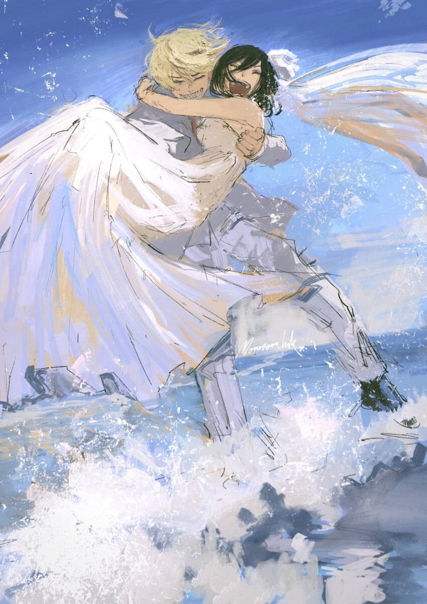 1boy 1girl alternate_costume bare_shoulders black_hair blonde_hair bridal_veil bride carrying chainsaw_man closed_eyes commentary denji_(chainsaw_man) dress english_commentary formal_clothes full_body grin groom hetero highres horizon long_dress monotone_ink open_mouth outdoors pants princess_carry reze_(chainsaw_man) rock signature sky smile splashing standing strapless strapless_dress suit veil wading water wedding_dress white_dress white_pants white_suit white_veil