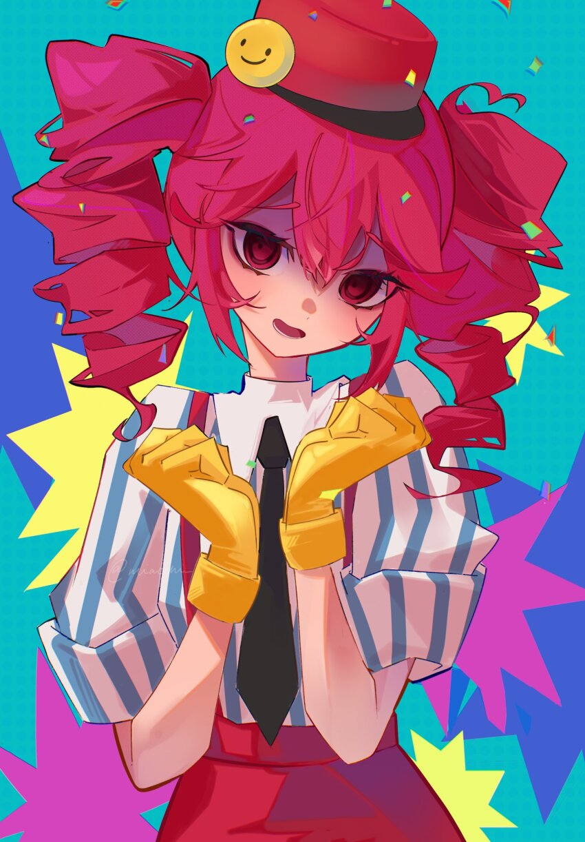 :d aqua_background black_necktie blue_background blush collared_shirt confetti drill_hair gloves hair_between_eyes hands_up hashtag-only_commentary hat head_tilt highres kasane_teto long_hair looking_at_viewer mesmerizer_(vocaloid) mmiacchi necktie open_mouth pants pink_background red_eyes red_hat red_pants shirt sleeves_rolled_up smile smiley_hat_ornament striped_clothes striped_shirt suspenders twin_drills utau wing_collar worried yellow_background yellow_gloves