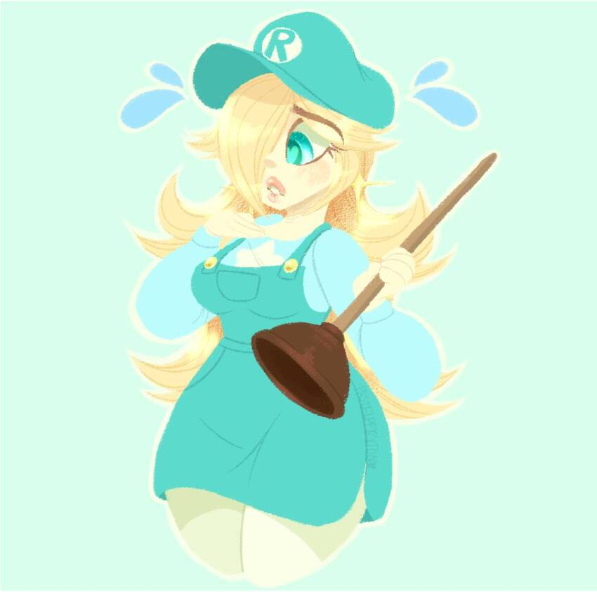 1girl commentary english_commentary eyelashes hair_over_one_eye holding_plunger long_hair mario_(series) nintendo plumber plunger rosalina sleepyc0re