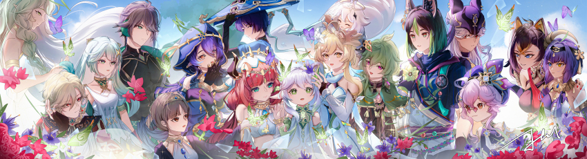 5boys 6+girls :d ^_^ absurdres ahoge alhaitham_(genshin_impact) animal_ear_fluff animal_ears animal_ears_helmet animal_helmet aqua_eyes bare_shoulders black_bridal_gauntlets black_gloves black_hair black_hood black_shirt blonde_hair blue_eyes blue_gemstone blue_hair blue_hood bracelet braid breasts bridal_gauntlets brown_eyes brown_hair bug butterfly candace_(genshin_impact) chinese_commentary circlet claw_ring closed_eyes closed_mouth collarbone collei_(genshin_impact) commentary_request compression_shirt crop_top crossed_bangs crystalfly_(genshin_impact) cyno_(genshin_impact) day dehya_(genshin_impact) detached_sleeves dori_(genshin_impact) dress drill_hair dunyarzad_(genshin_impact) eye_of_horus fake_animal_ears faruzan_(genshin_impact) fingernails flower fox_ears gem genshin_impact gloves gold_trim gradient_hair green_eyes green_hair green_sleeves hair_between_eyes hair_ears hair_flower hair_ornament halo hand_on_another&#039;s_shoulder hand_on_headwear hand_up hat heterochromia highres hood hood_down hood_up insect jackal_ears jewelry jingasa kaveh_(genshin_impact) layla_(genshin_impact) leaf_hair_ornament long_hair looking_at_another looking_to_the_side lumine_(genshin_impact) medium_breasts medium_hair miyouer multicolored_eyes multicolored_hair multiple_boys multiple_girls nahida_(genshin_impact) nail_polish nilou_(genshin_impact) open_mouth outdoors paimon_(genshin_impact) parted_lips pink-tinted_eyewear pink_hair pointy_ears purple_butterfly purple_eyes purple_hair purple_hat red_eyes red_hair red_nails rukkhadevata_(genshin_impact) scaramouche_(genshin_impact) shirt short_hair_with_long_locks side_ponytail skin_tight sleeveless sleeveless_dress smile star_(symbol) star_hair_ornament streaked_hair symbol-shaped_pupils tassel teeth tighnari_(genshin_impact) tinted_eyewear triangle-shaped_pupils two-tone_eyes upper_teeth_only veil very_long_hair wanderer_(genshin_impact) white_dress white_flower white_hair white_romper white_sleeves white_veil yellow_eyes