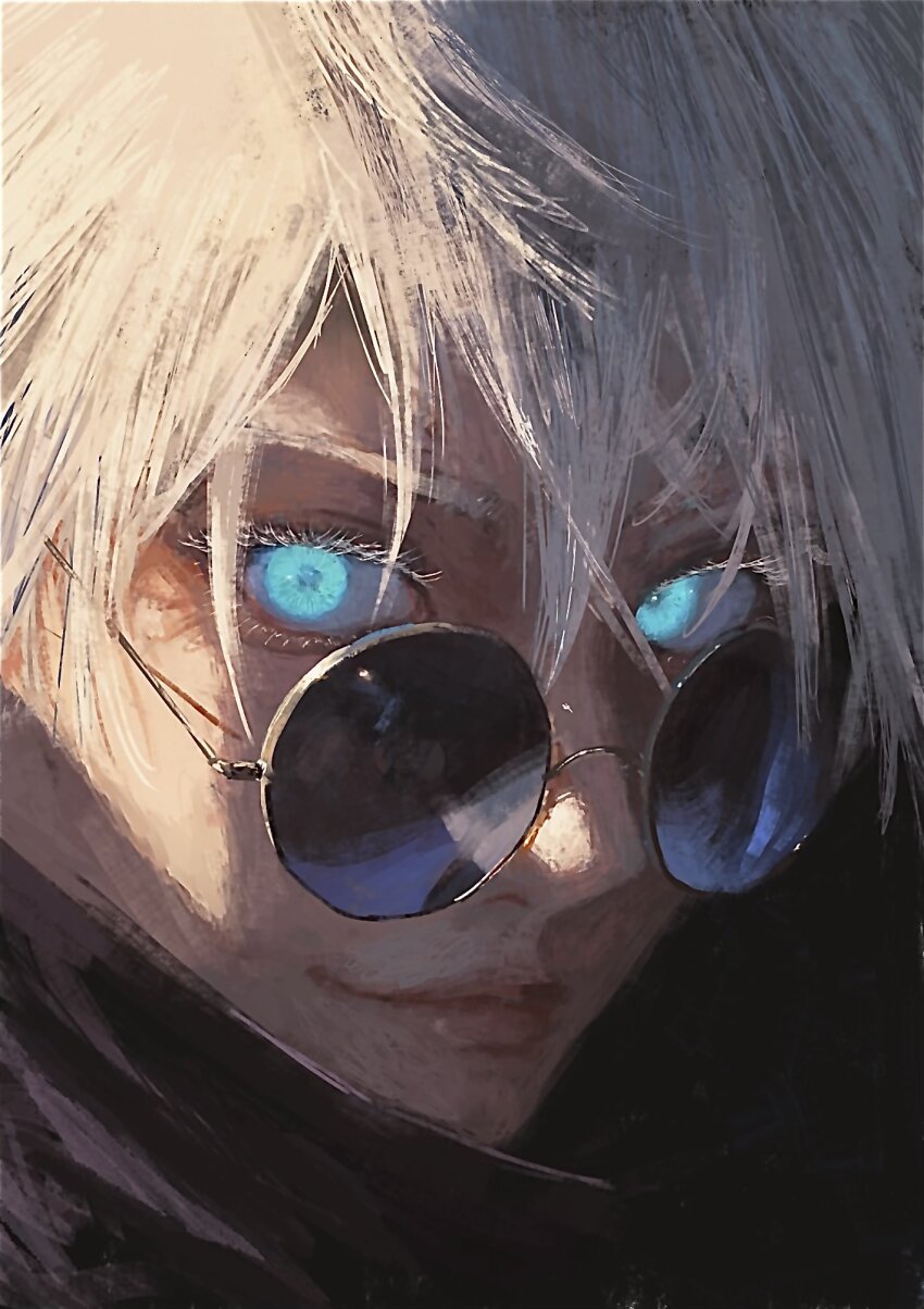 1boy black_background blue_eyes closed_mouth colored_eyelashes commentary eyelashes fuyumurasaki gojou_satoru highres jujutsu_kaisen light_smile lips male_focus portrait short_hair simple_background solo white_eyelashes white_hair