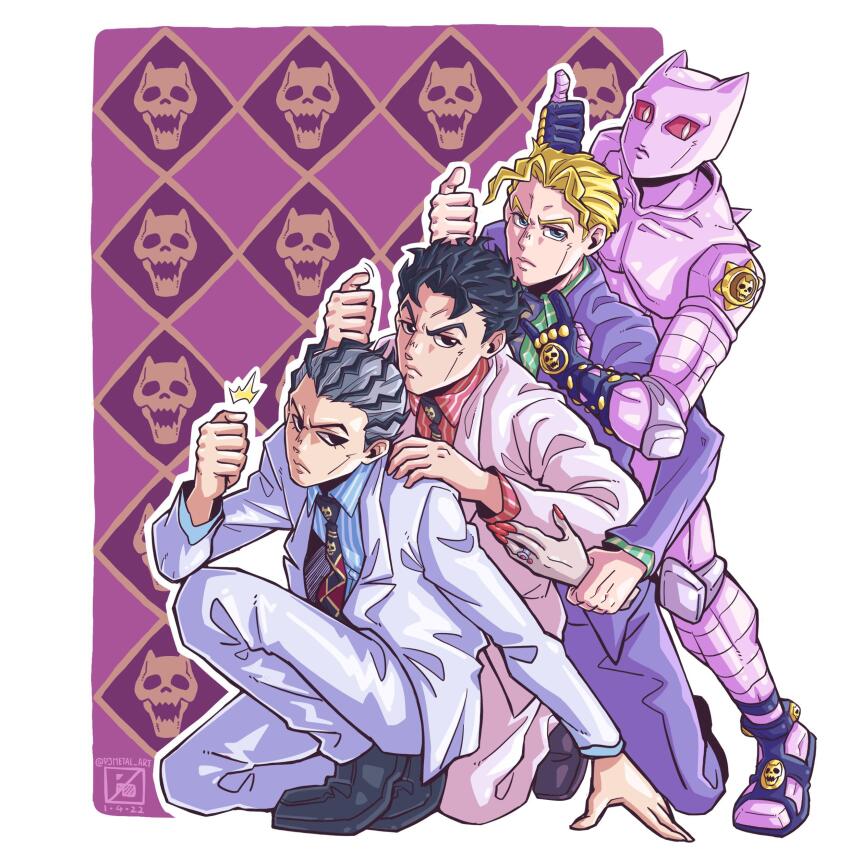 1other 3boys absurdres black_eyes black_footwear black_hair black_necktie blonde_hair blue_eyes blue_pants blue_shirt commentary diamond_wa_kudakenai highres jacket jojo_no_kimyou_na_bouken kawajiri_kosaku killer_queen kira_yoshikage long_sleeves looking_at_viewer multiple_boys multiple_persona necktie pants pjmetal_art purple_jacket red_shirt shirt shoes short_hair stand_(jojo) thumbs_up v-shaped_eyebrows white_jacket