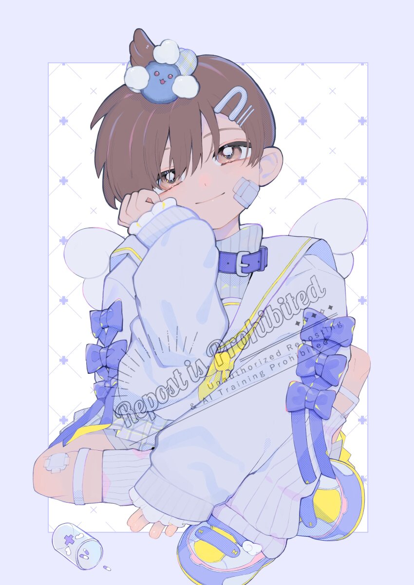 1boy absurdres bandaid bandaid_on_face blue_bow blue_collar border bow brown_eyes brown_hair character_hair_ornament closed_mouth collar commentary florian_(pokemon) gen_2_pokemon grey_border hair_ornament hairclip hand_up head_rest hei_tai_(kyaputen1) highres jumpluff knees leg_warmers long_sleeves male_focus nintendo pokemon pokemon_sv shoes short_hair sitting sleeves_past_wrists smile solo watermark