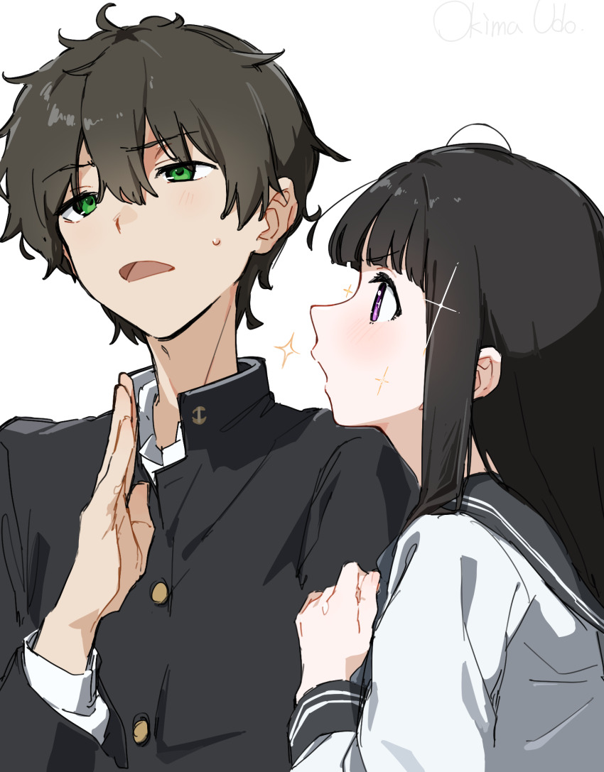1boy 1girl artist_name black_hair black_sailor_collar chitanda_eru commentary_request gakuran green_eyes hair_between_eyes hand_up highres hyouka long_hair long_sleeves looking_at_another okima_udo open_mouth oreki_houtarou purple_eyes sailor_collar school_uniform shirt sidelocks simple_background sparkle sweatdrop upper_body white_background white_shirt
