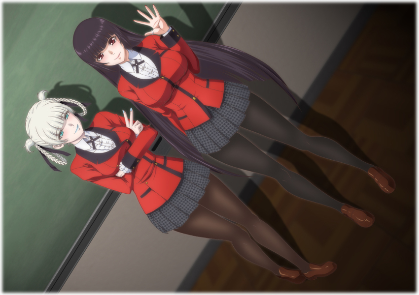 2girls aqua_eyes black_hair breasts chalkboard classroom full_body indoors jabami_yumeko kakegurui kaname_aomame large_breasts long_hair looking_at_viewer medium_breasts momobami_kirari multiple_girls pleated_skirt school_uniform skirt smile standing