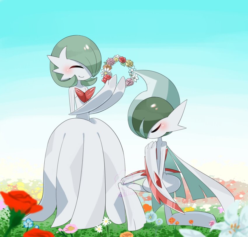 ariumu arm_blade blue_sky bob_cut cape closed_eyes dress elbow_gloves field flower flower_field flower_wreath gallade gardevoir gen_3_pokemon gen_4_pokemon gloves green_hair highres kneeling mega_gallade mega_gardevoir mega_pokemon nintendo pokemon pokemon_(creature) signature sky smile weapon white_cape white_dress white_gloves