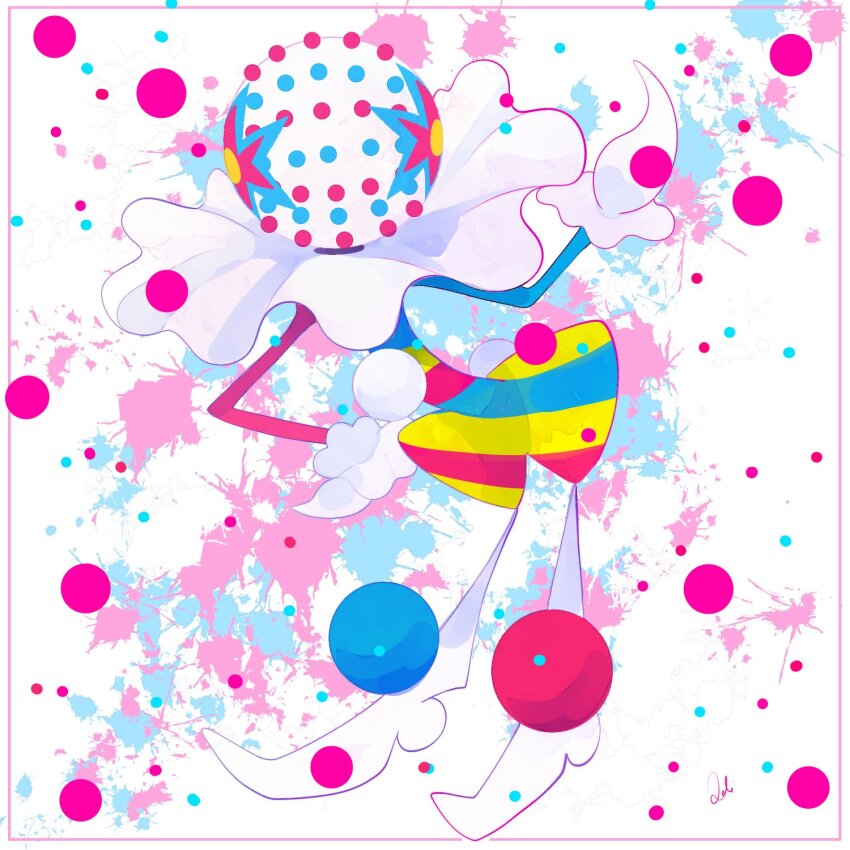 ball blacephalon border clown colored_skin gen_7_pokemon hand_on_own_hip highres loki_(regulus_1111) looking_at_viewer multicolored_background nintendo pink_border pokemon pokemon_(creature) polka_dot ultra_beast white_background white_skin