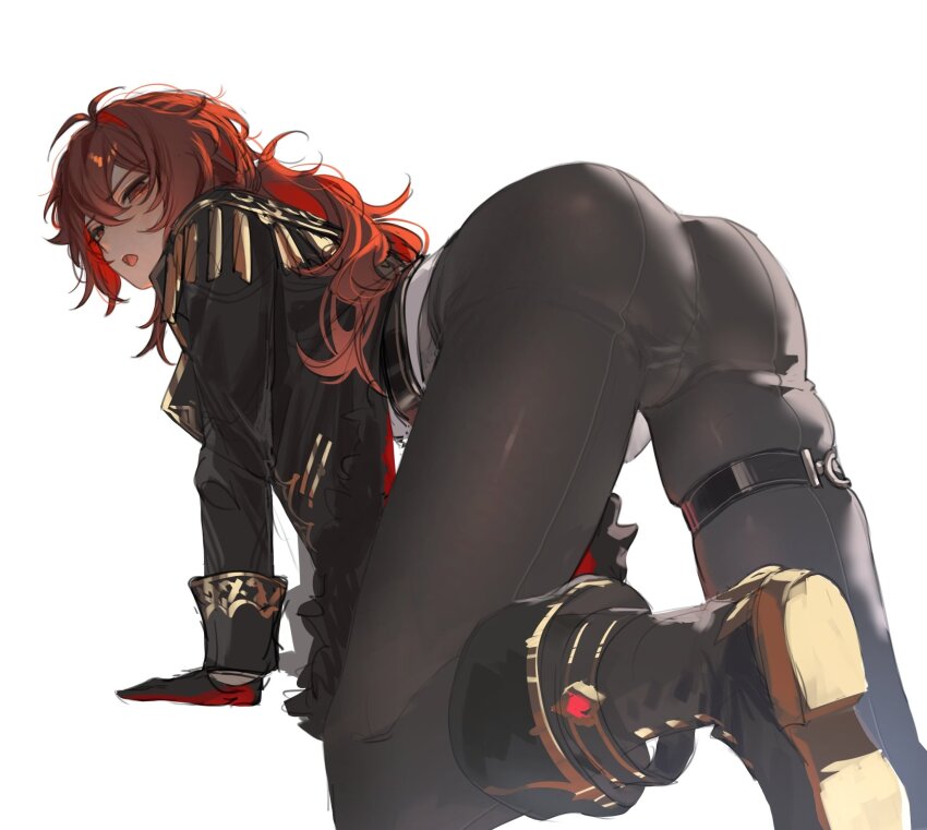 1boy ass bent_over black_boots black_coat black_gloves black_pants boots coat commentary_request diluc_(genshin_impact) from_behind genshin_impact gloves hair_between_eyes highres long_hair long_sleeves looking_at_viewer looking_back male_focus open_mouth pants red_eyes red_hair simple_background solo thighhighs tight_clothes tight_pants white_background zehuij