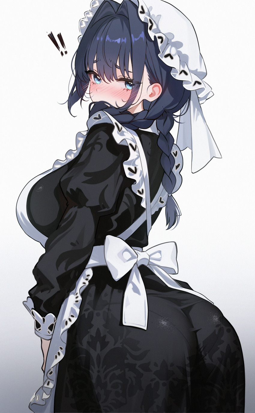 ! !! 1girl absurdres apron ass black_dress blue_eyes blue_hair blush braid breasts commentary dress embroidery english_commentary frilled_apron frilled_hat frills hair_intakes hat highres hololive hololive_english juliet_sleeves koahri large_breasts long_dress long_hair long_sleeves looking_at_viewer looking_back low_twin_braids maid maid_apron mob_cap official_alternate_costume official_alternate_hairstyle ouro_kronii ouro_kronii_(maid) pantylines puffy_sleeves simple_background solo twin_braids victorian_maid virtual_youtuber white_apron white_hat