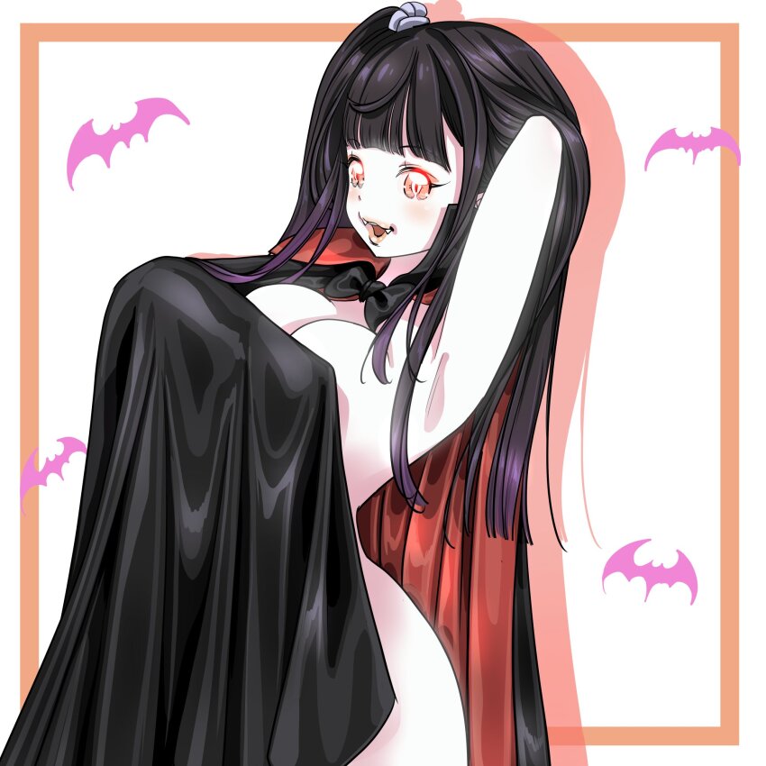 1girl armpits azuki-chan_(yozora) black_bow black_bowtie black_hair bow bowtie breasts cape fangs fingernails forked_tongue happy high_collar highres large_breasts leotard long_fingernails naked_cape one_side_up original pale_skin red_eyes slit_pupils smile solo tongue translated vampire yozora