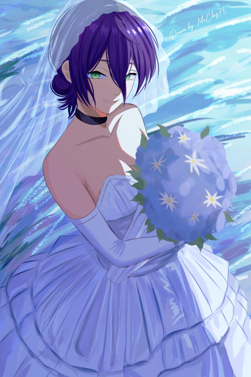 1girl black_choker blue_flower bouquet breasts bridal_veil chainsaw_man choker cleavage closed_mouth dress flower green_eyes hair_bun highres holding holding_bouquet mccheese medium_breasts purple_hair reze_(chainsaw_man) smile solo veil wedding_dress white_dress
