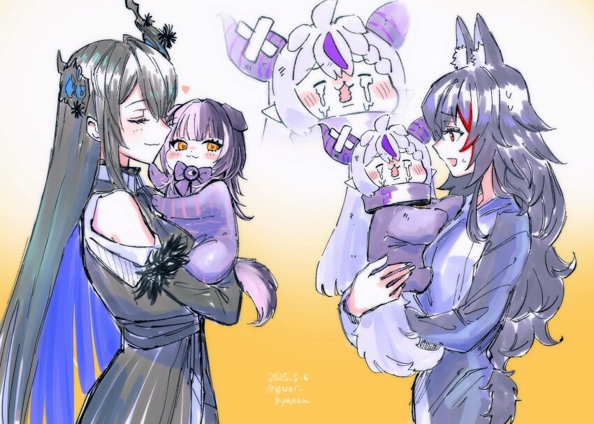 4girls :3 aged_down alternate_costume animal_ear_fluff animal_ears asymmetrical_horns baby black_hair blue_hair blush_stickers brown_eyes carrying carrying_baby carrying_person child_carry closed_eyes closed_mouth clothing_cutout collar colored_inner_hair commentary crying dated demon_girl demon_horns dog_ears english_commentary gradient_background grey_hair heart highres hololive hololive_english horns kemonomimi_mode la+_darknesss long_hair long_sleeves metal_collar mother_and_daughter multicolored_hair multiple_girls nerissa_ravencroft nerissa_ravencroft_(1st_costume) onesie ookami_mio open_mouth pointy_ears shiori_novella shirt shoulder_cutout simple_background split-color_hair striped_horns sweat tail twitter_username two-tone_hair uneven_horns virtual_youtuber wavy_mouth white_background white_hair wolf_ears wolf_girl yellow_background yellow_eyes yuri_kyanon