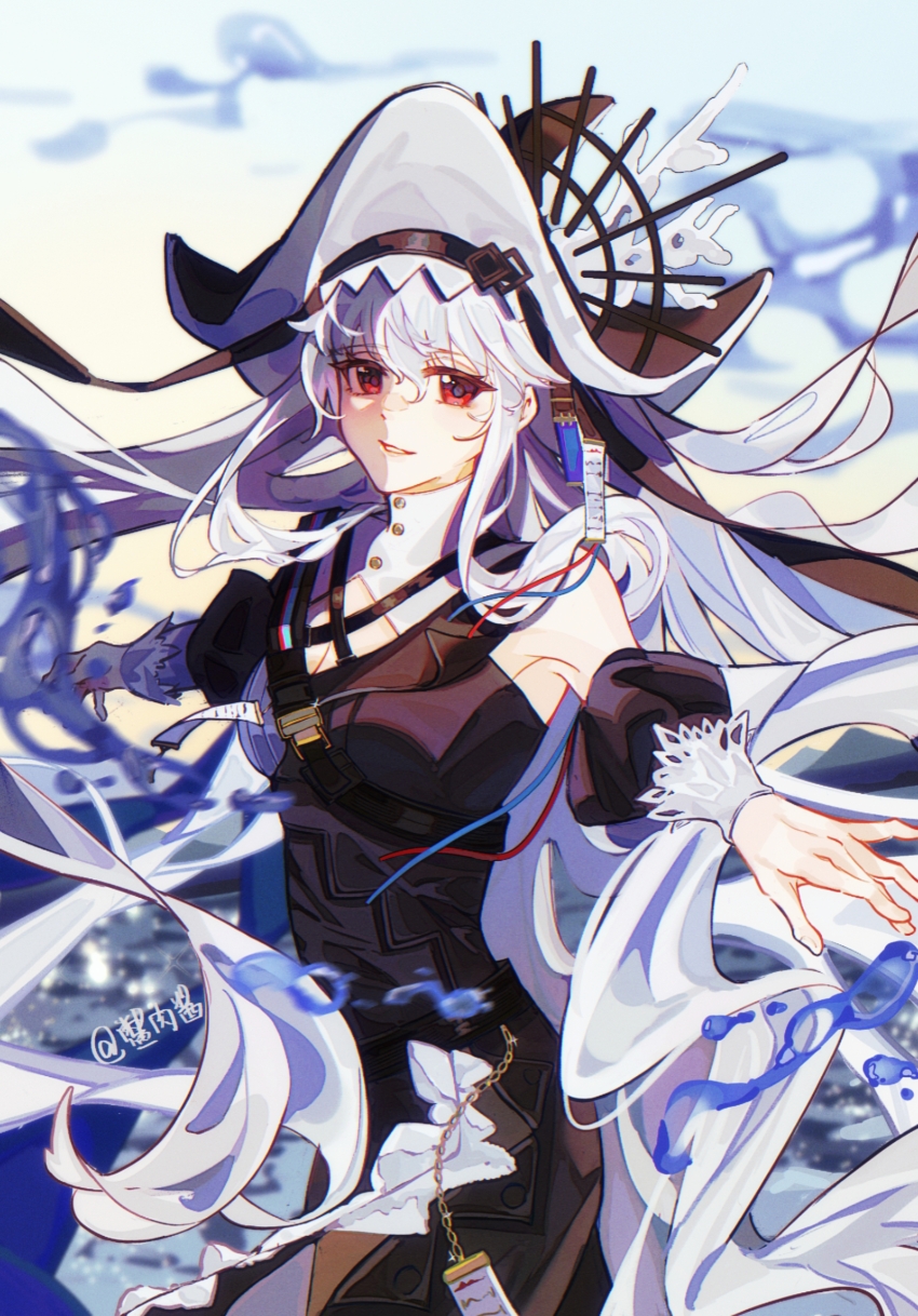 1girl absurdres arknights bare_shoulders bie_rou_jiang black_dress black_hat breasts chinese_commentary cleavage commentary_request dress gloves grey_hair grey_hat hair_between_eyes hat highres light_smile long_hair looking_at_viewer medium_breasts red_eyes single_glove solo specter_(arknights) specter_the_unchained_(arknights) two-sided_fabric two-sided_headwear very_long_hair water