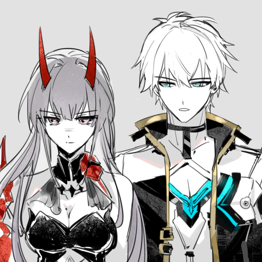 1boy 1girl blue_eyes breasts chinese_commentary cleavage closed_mouth commentary_request honkai_(series) honkai_impact_3rd horns jacket kevin_kaslana long_hair open_mouth partially_colored purple_eyes qieazhibingjiling raiden_mei raiden_mei_(herrscher_of_thunder) red_horns short_hair