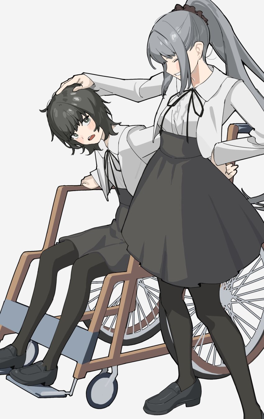 2girls ^_^ absurdres arm_support black_hair black_pantyhose black_scrunchie black_shoes black_skirt closed_eyes d: flowers_(innocent_grey) grey_background grey_hair grin hair_ornament hair_scrunchie hand_on_another&#039;s_head hand_on_own_hip headpat high-waist_skirt highres jacket loafers long_hair long_sleeves messy_hair multiple_girls open_mouth pantyhose ponytail school_uniform scrunchie shirt shishima_eichi shoes short_hair simple_background sitting skirt smile standing teeth upper_teeth_only very_long_hair wheelchair white_jacket white_shirt yaegaki_erika yatsushiro_yuzuriha