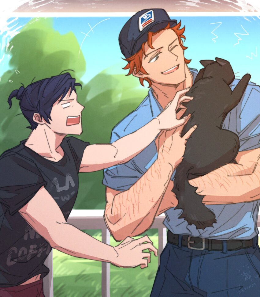 +++ 2boys absurdres alternate_universe animal arm_hair baseball_cap belt belt_buckle black_belt black_cat black_shirt blue_hair blue_shirt buckle cat collared_shirt commentary dark_blue_hair dated ears_back english_commentary fanfiction_available felix_hugo_fraldarius fire_emblem fire_emblem:_three_houses hat highres holding holding_animal holding_cat looking_at_animal mailman male_focus midriff_peek multiple_boys nintendo no_pupils one_eye_closed open_mouth orange_hair outstretched_arm pants ponytail print_shirt railing reaching red_pants satodee scared shirt shirt_tucked_in short_ponytail short_sleeves shouting signature sky smile sylvain_jose_gautier t-shirt teeth tongue tree twitter_username upper_teeth_only white_eyes