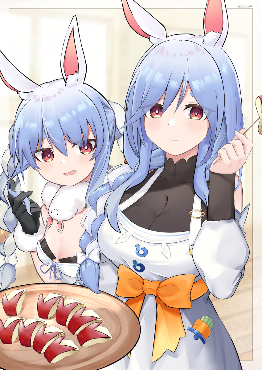 2girls absurdres animal_ears apple_rabbit black_bodysuit black_gloves black_leotard blue_hair bodysuit bow braid braided_ponytail breasts carrot_hair_ornament coat_dress commentary detached_sleeves don-chan_(usada_pekora) dress food food-themed_hair_ornament food_art fur-trimmed_gloves fur_scarf fur_trim gloves hair_ornament highres holding holding_tray hololive indoors kanadeho large_breasts leotard leotard_under_clothes long_hair long_sleeves looking_at_viewer mature_female mother_and_daughter multicolored_hair multiple_girls orange_sash pekomama rabbit-shaped_pupils rabbit_ears red_eyes scarf short_eyebrows small_breasts strapless strapless_leotard streaked_hair symbol-shaped_pupils thick_eyebrows tray twin_braids twintails two-tone_hair usada_pekora usada_pekora_(1st_costume) virtual_youtuber waist_bow white_dress white_hair white_scarf wispy_bangs