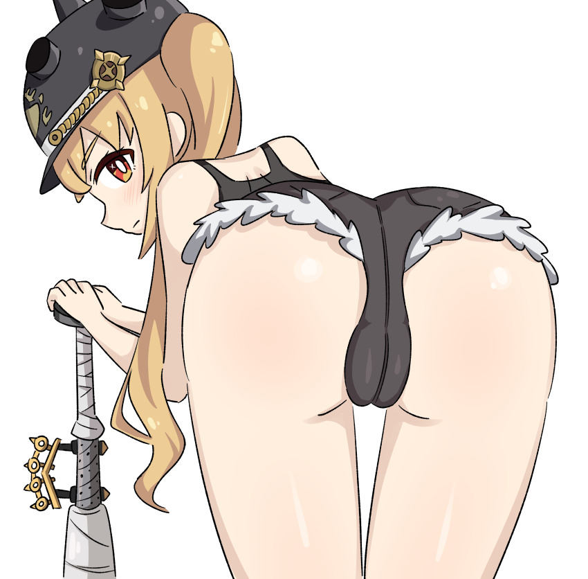 ass blonde_hair blush cleft_of_venus closed_mouth doggystyle hat jua long_hair looking_at_viewer looking_back luciana_de_montefio orange_eyes sex_from_behind short_hair simple_background standing weapon white_background zenless_zone_zero