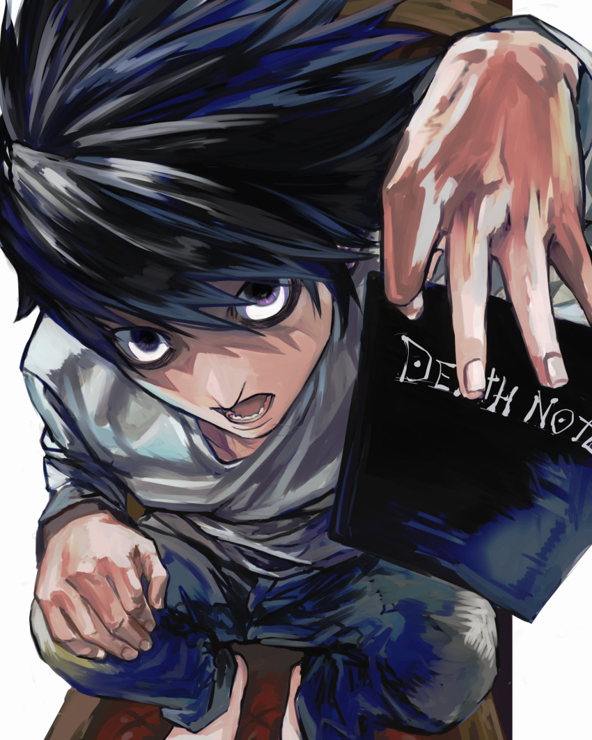 1boy black_eyes black_hair blue_pants death_note death_note_(object) grey_shirt highres holding holding_notebook l_(death_note) looking_at_viewer male_focus notebook open_mouth pants shirt sokora_hen solo teeth