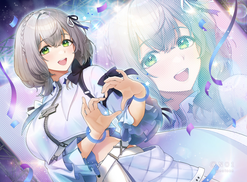 1girl :d belt breasts commentary_request commission concert confetti cropped_jacket double-parted_bangs four-finger_heart_hands frilled_sleeves frills green_eyes grey_hair hair_ribbon half_crown_braid heart heart_hands highres hololive hololive_idol_uniform_(color_rise) jacket large_breasts looking_at_viewer midriff noixen open_mouth ribbon shirogane_noel shirt short_hair smile solo teeth upper_teeth_only virtual_youtuber white_belt white_jacket white_shirt