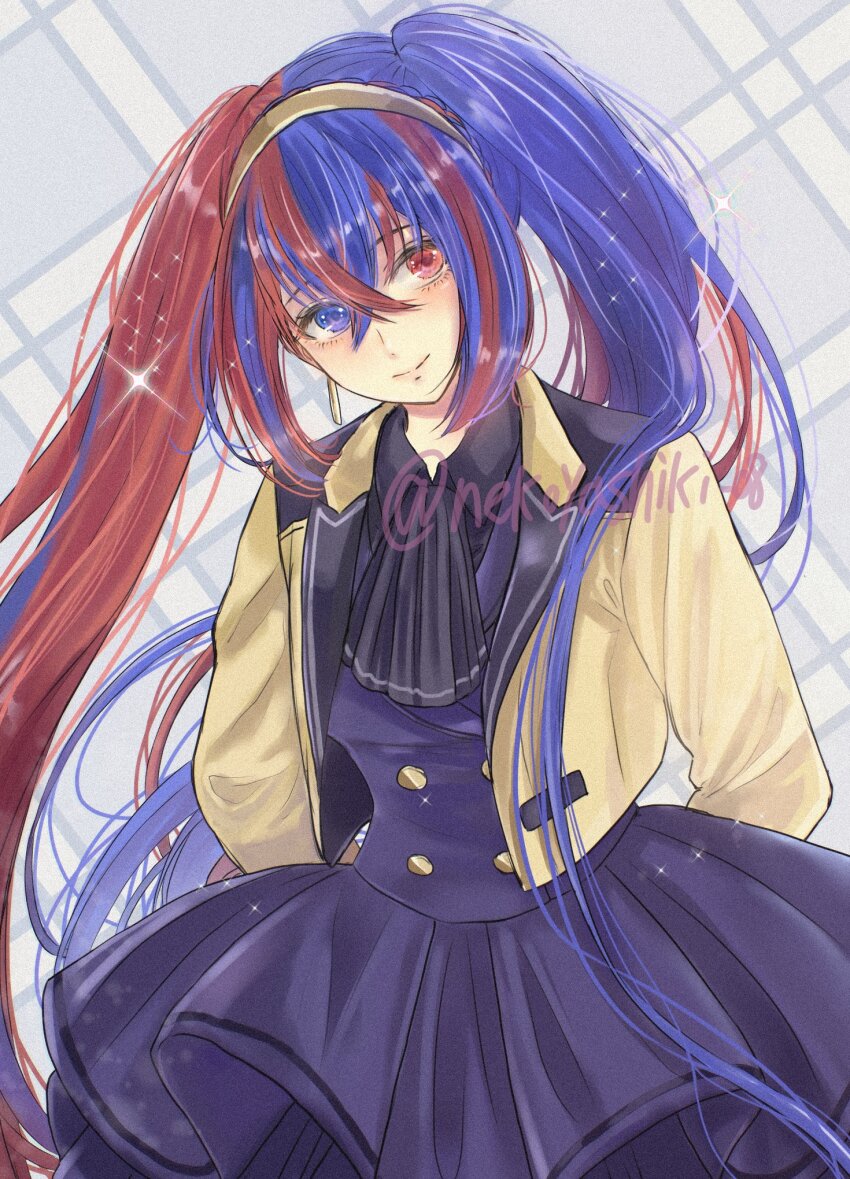 1girl alternate_costume alternate_hairstyle blue_eyes blue_hair braid crossed_bangs crown_braid female_alear_(fire_emblem) fire_emblem fire_emblem_engage heterochromia highres long_hair multicolored_hair nekoyashiki_08 nintendo red_eyes red_hair split-color_hair tiara twintails two-tone_hair very_long_hair