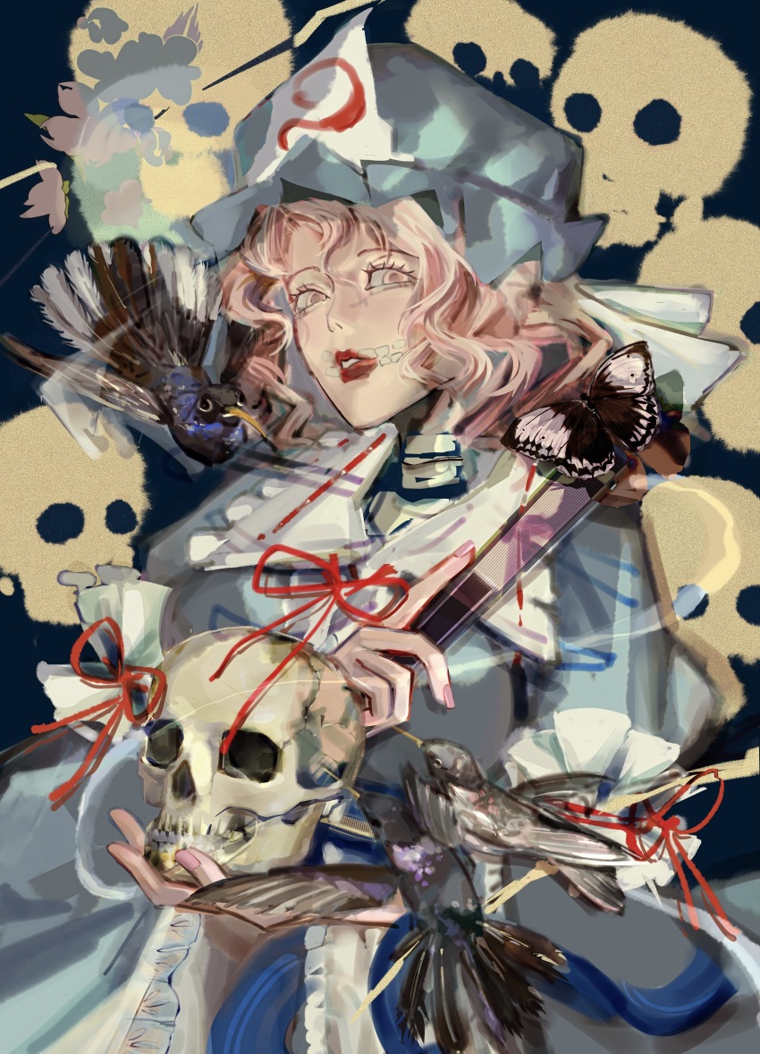 1girl absurdres aqua_dress aqua_hat bird bug butterfly chachachachacha chinese_commentary collared_dress commentary_request dress eyelashes frilled_shirt_collar frills hat highres holding holding_skull insect medium_hair mob_cap neck_ribbon pink_eyes pink_hair procreate_(medium) red_lips red_ribbon ribbon saigyouji_yuyuko skull solo tongue tongue_out touhou triangular_headpiece upper_body veil wavy_hair