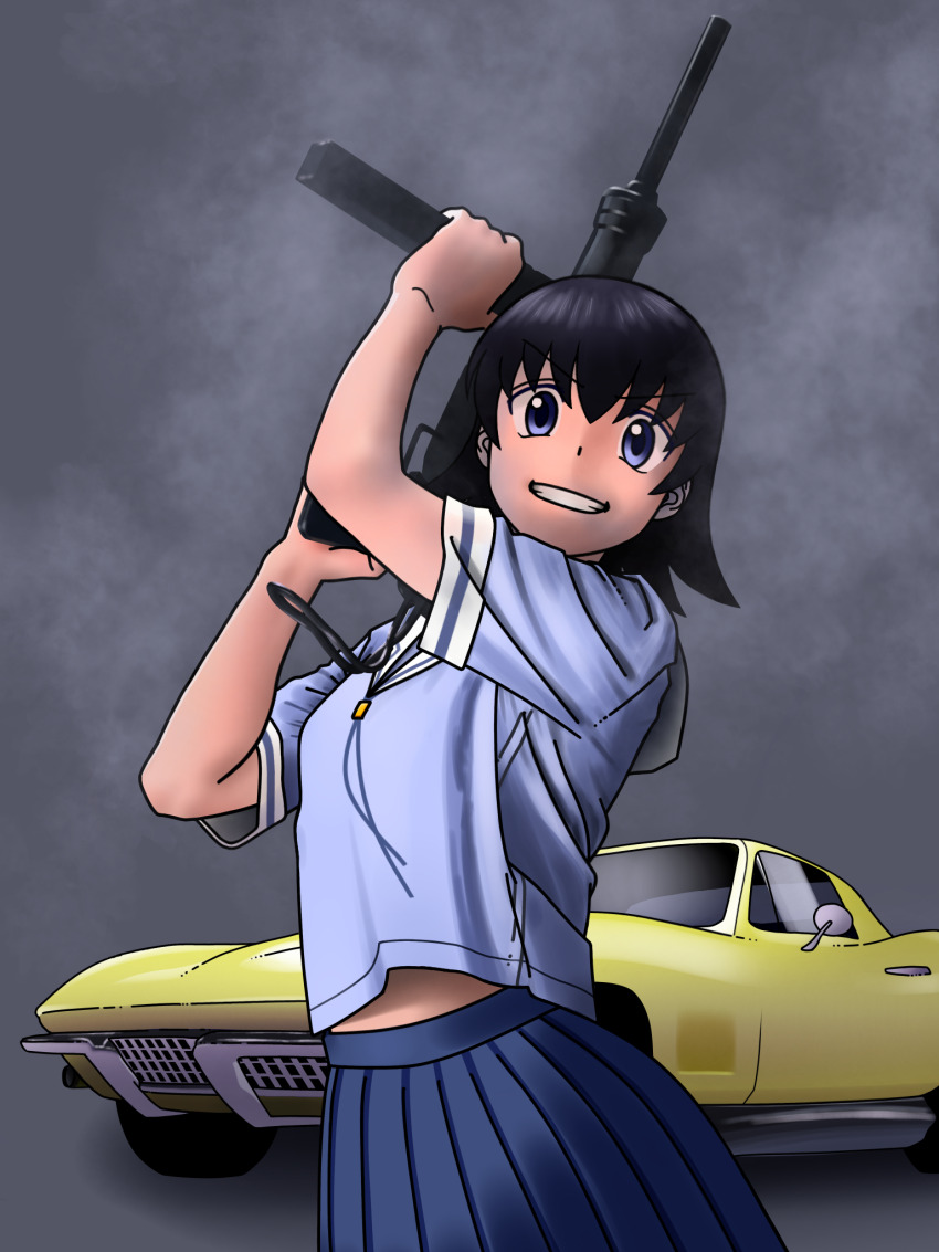 1girl aiming_up azumanga_daioh&#039;s_school_uniform azumanga_daiou black_hair blue_eyes blue_ribbon blue_shirt blue_skirt bob_cut breasts car chevrolet chevrolet_corvette chevrolet_corvette_c2 commentary cowboy_shot flipped_hair grey_background grin gun hair_between_eyes hands_up highres holding holding_gun holding_weapon irohasu_(user_jszp4485) looking_at_viewer m3_submachine_gun medium_breasts midriff_peek motor_vehicle neck_ribbon parted_lips ribbon sailor_collar school_uniform serafuku_to_kikanjuu shirt short_hair short_sleeves skirt smile solo standing submachine_gun summer_uniform takino_tomo teeth weapon white_sailor_collar white_trim yellow_car