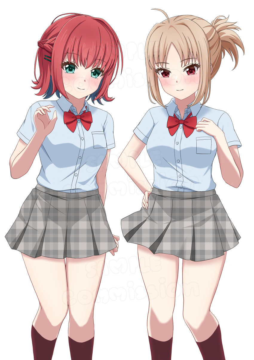 2girls absurdres ahoge arm_at_side black_socks bow bowtie braid brown_hair cinderella_series closed_mouth collared_shirt feet_out_of_frame green_eyes grey_skirt hachigatsu_no_cinderella_nine hair_ornament hairclip half_up_braid hand_on_own_chest hand_on_own_hip high_ponytail highres miniskirt miura_nanase miyai_miyako multiple_girls plaid_clothes plaid_skirt pleated_skirt ponytail red_bow red_bowtie red_eyes red_hair school_uniform shinshiro shirt short_hair short_sleeves skirt smile socks standing unmoving_pattern watermark white_background white_shirt