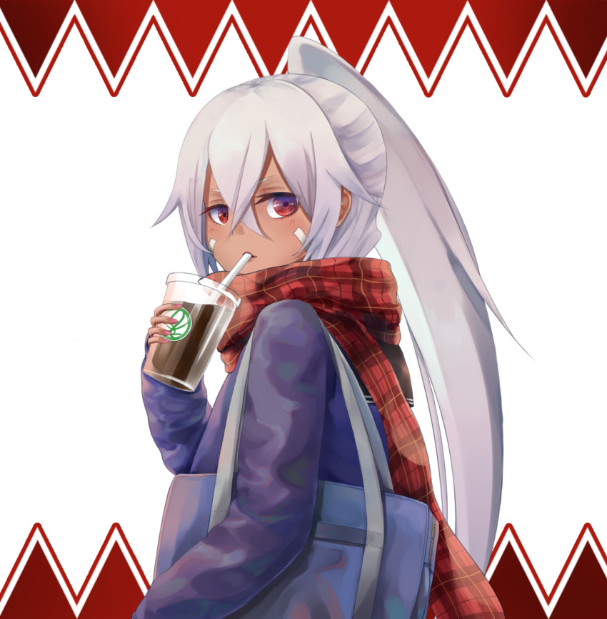 1girl azur_lane blush breasts cardigan coffee commentary crossed_bangs cup dark-skinned_female dark_skin disposable_coffee_cup disposable_cup drinking_straw drinking_straw_in_mouth facepaint hair_between_eyes high_ponytail highres holding holding_cup kure_(kure_90) long_hair looking_at_viewer medium_breasts minneapolis_(azur_lane) minneapolis_(wild_huntress_schoolgirl)_(azur_lane) nail_polish official_alternate_costume open_mouth pink_nails plaid_clothes plaid_scarf ponytail purple_cardigan red_eyes red_scarf ringed_eyes scarf solo upper_body very_long_hair white_background white_hair