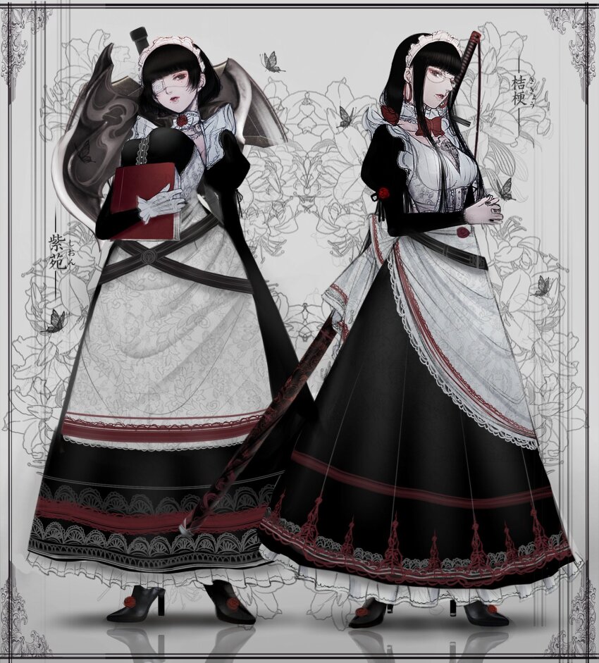 2girls apron black_dress black_hair blunt_bangs book bow breasts bug butterfly chest_tattoo choker commentary_request dress eyepatch floral_background floral_print flower frilled_dress frills glasses gloves highres holding holding_book huge_weapon insect lily_print long_dress long_hair maid maid_headdress mole mole_under_mouth multiple_girls ootachi original red_bow red_flower red_lips red_rose rose satsuki_kei sheath sheathed sidelocks sword sword_on_back tattoo weapon weapon_on_back white_choker white_gloves