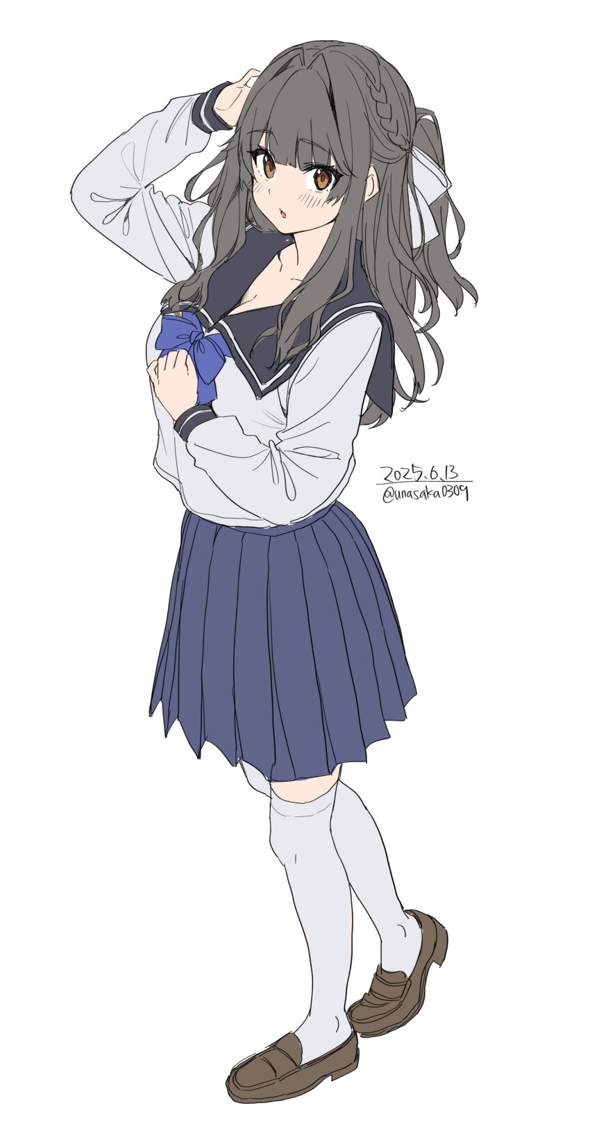 1girl absurdres blue_sailor_collar blue_skirt blush bow braid breasts brown_eyes brown_hair hair_bow highres long_hair long_sleeves looking_at_viewer medium_breasts open_mouth original pleated_skirt sailor_collar school_uniform shirt shoes simple_background skirt smile socks solo thighhighs unasaka_ryou white_bow white_shirt white_socks white_thighhighs