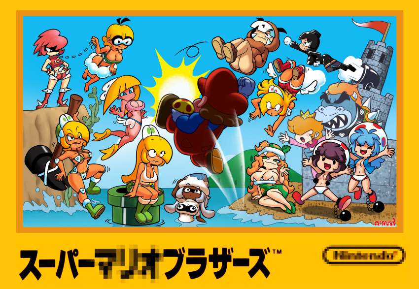 2boys 6+girls :d absurdres arm_up arms_up ball_and_chain_restraint black_hair blonde_hair blooper_(mario) blue_hair blue_shirt blue_sky blue_vest boots bowser breasts brown_footwear brown_hair bullet_bill castle censored censored_text cheep_cheep cleavage clenched_hand cliff closed_eyes closed_mouth collar_chain_(jewelry) company_name copyright_name cover covered_eyes crown dark-skinned_female dark_skin day derivative_work fake_cover fang fang_out fangs gloves goomba green_footwear hair_over_eyes hammer hammer_bro hands_on_own_hips hands_up hat high_heels highres holding holding_hammer horns jumping kicking koopa_paratroopa koopa_troopa lake lakitu large_breasts logo long_hair long_sleeves looking_at_another mario mario_(series) minuspal mosaic_censoring multiple_boys multiple_girls mushroom navel nintendo o/ open_mouth orange_hair outdoors outstretched_arms overalls personification piranha_plant plant princess_peach red_footwear red_headwear red_overalls shirt shoes short_hair sitting sky smile spiny standing super_mario_bros._1 thick_eyebrows toad_(mario) underwear upskirt vest video_game_cover video_game_cover_redraw vines warp_pipe white_gloves