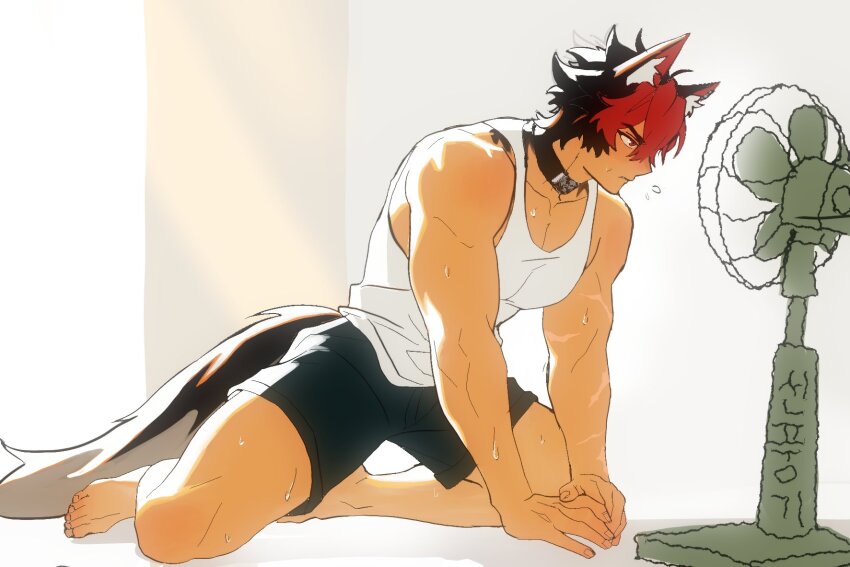 1boy animal_ears barefoot black_choker black_hair black_shorts choker dog_boy doyo1018 electric_fan full_body hashtag-only_commentary highres hot komano_manato male_focus multicolored_hair muscular muscular_male pectoral_cleavage pectorals red_hair scar scar_on_arm shorts solo tail tank_top toes two-tone_hair white_tank_top zenless_zone_zero