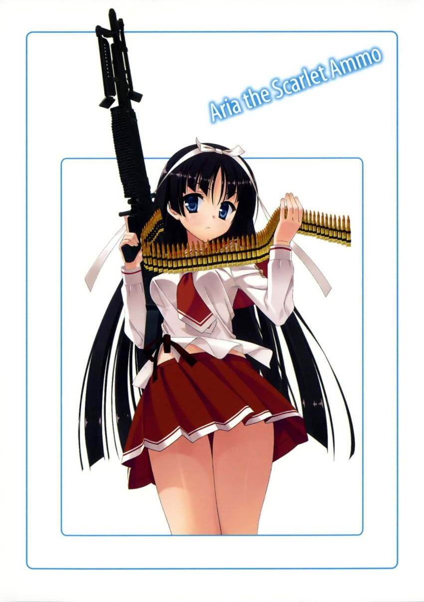 1girl ammunition_belt black_hair blue_eyes breasts female_focus gun hair_ribbon hidan_no_aria highres hotogi_shirayuki kobuichi long_hair machine_gun muririn perky_breasts red_skirt ribbon school_uniform serafuku simple_background skirt solo very_long_hair weapon