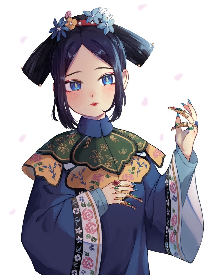 1girl black_hair blue_eyes blush chinese_clothes claw_ring eyeshadow falling_petals highres jewelry kuroussa liangbatou long_sleeves makeup manchu_clothes original petals qing_dynasty qing_dynasty_(kuroussa) red_eyeshadow red_lips ring solo wide_sleeves yunjian