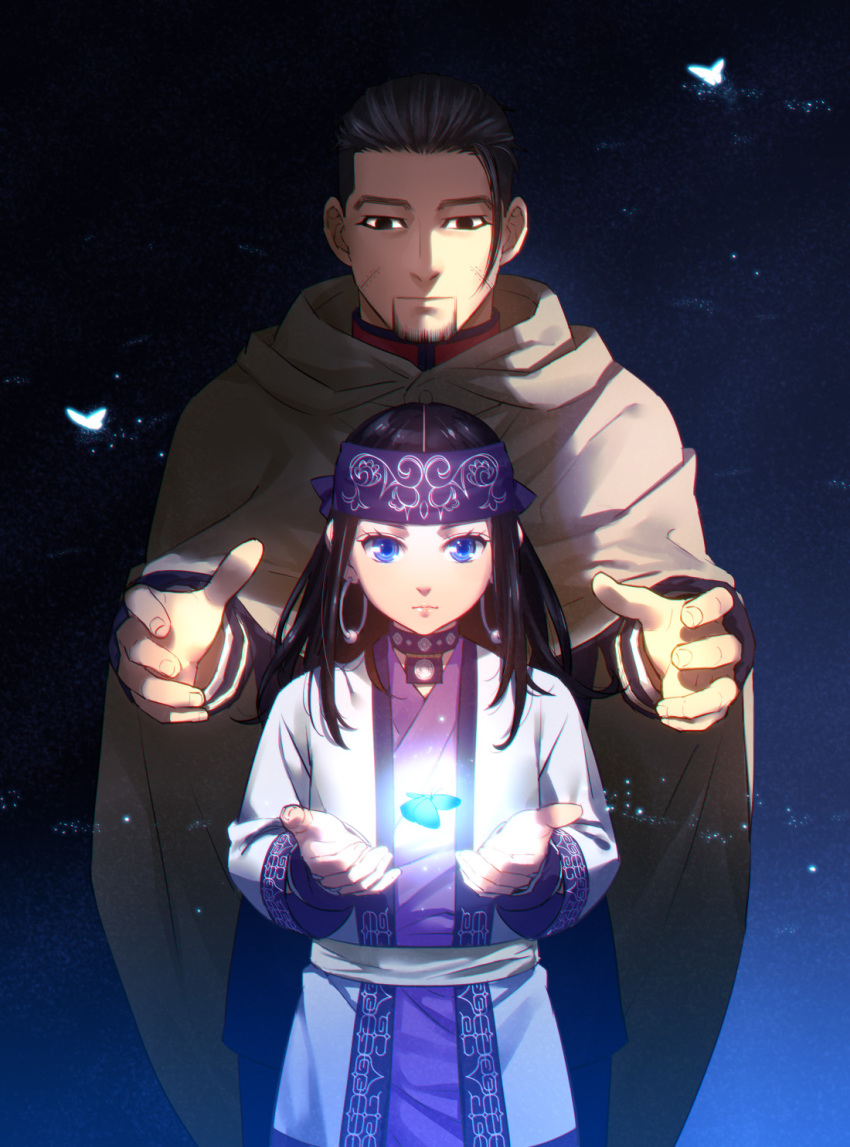 10s 1boy 1girl asirpa bad_id bad_pixiv_id bandana beard black_hair blue_eyes bug butterfly cape earrings facial_hair scar_on_face golden_kamuy grey_cape highres bug jewelry long_hair looking_at_viewer ogata_hyakunosuke scar scar_on_cheek scar_on_face standing tetsukuzu_tetsuko
