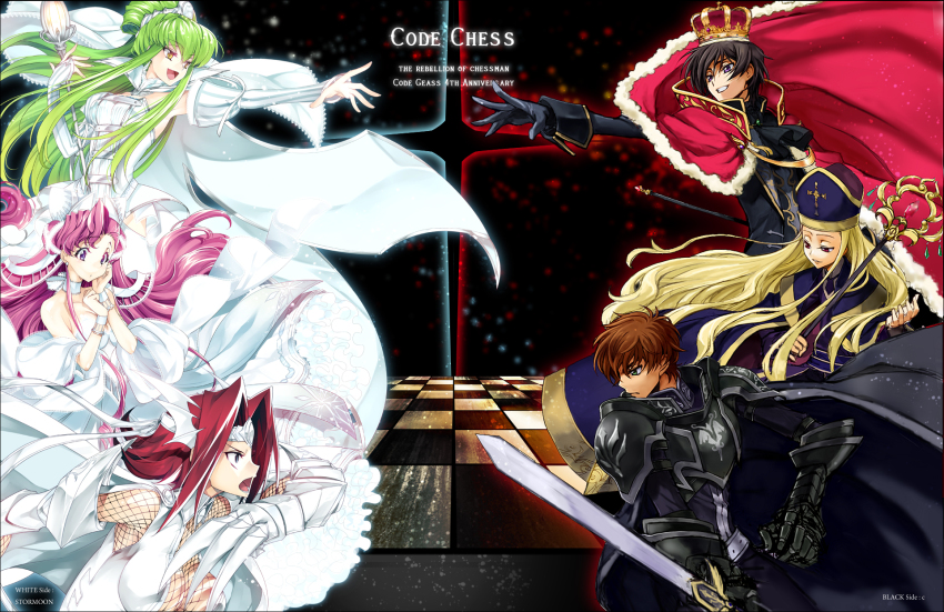 3boys 3girls armor artist_collaboration black_hair blonde_hair brown_hair c.c. c_(rahit) cape code_geass creayus crown dress euphemia_li_britannia gauntlets gloves green_eyes green_hair headband highres king kouzuki_kallen kururugi_suzaku lelouch_vi_britannia long_hair multiple_boys multiple_girls purple_eyes queen red_eyes red_hair short_hair sword v.v. weapon yellow_eyes