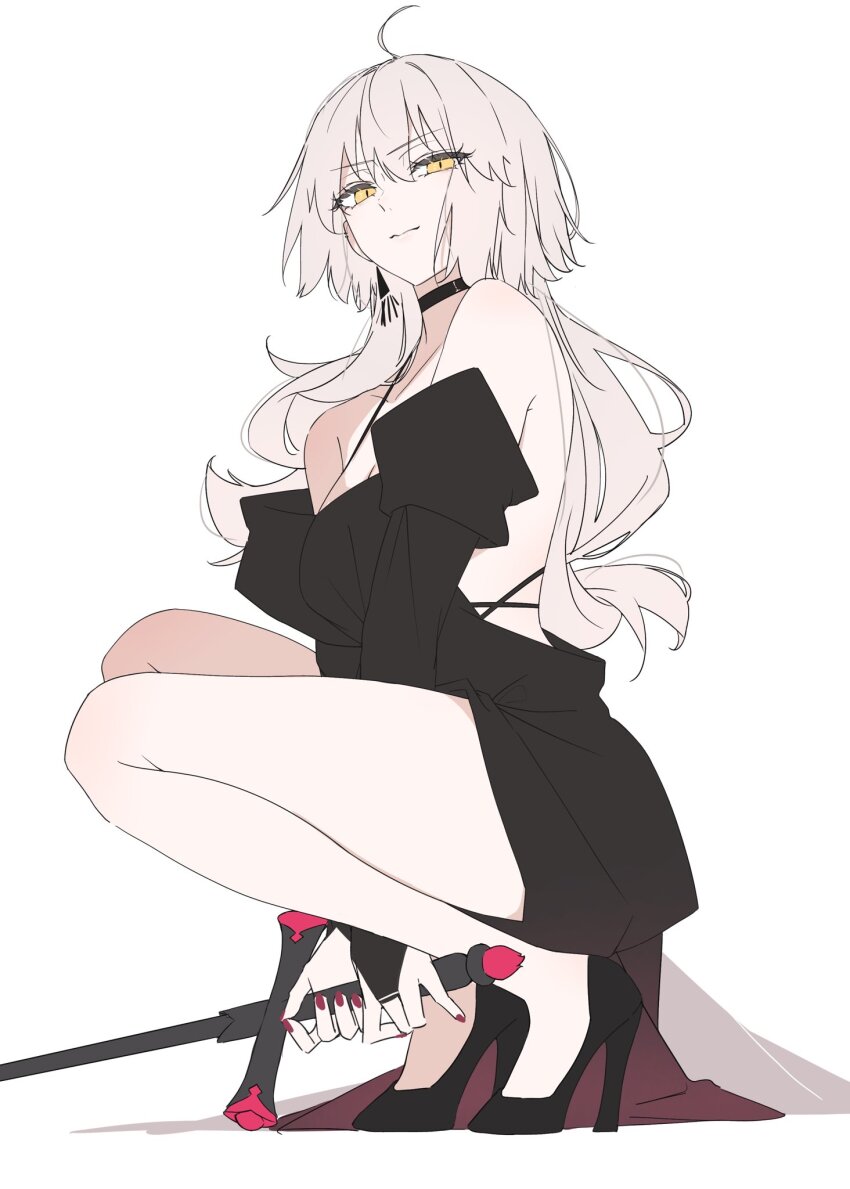 1girl ahoge alternate_costume bare_shoulders black_dress closed_mouth dress fate/grand_order fate_(series) formal_clothes grey_hair high_heels highres holding holding_sword holding_weapon jeanne_d&#039;arc_alter_(fate) long_hair looking_at_viewer ri_o_ne_su simple_background solo sword very_long_hair weapon white_background yellow_eyes