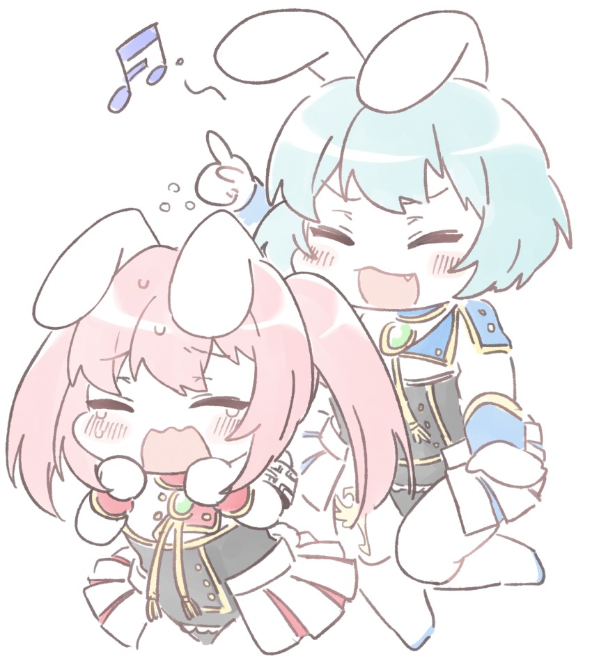 2girls animal_ears bad_id bad_pixiv_id blue_hair blush blush_stickers chibi chiester410 chiester45 chiester_sisters closed_eyes fang female_focus highres index_finger_raised leotard multiple_girls musical_note open_mouth partially_colored pink_hair rabbit_ears rabbit_tail smile tail tears twintails umineko_no_naku_koro_ni white_background yang38