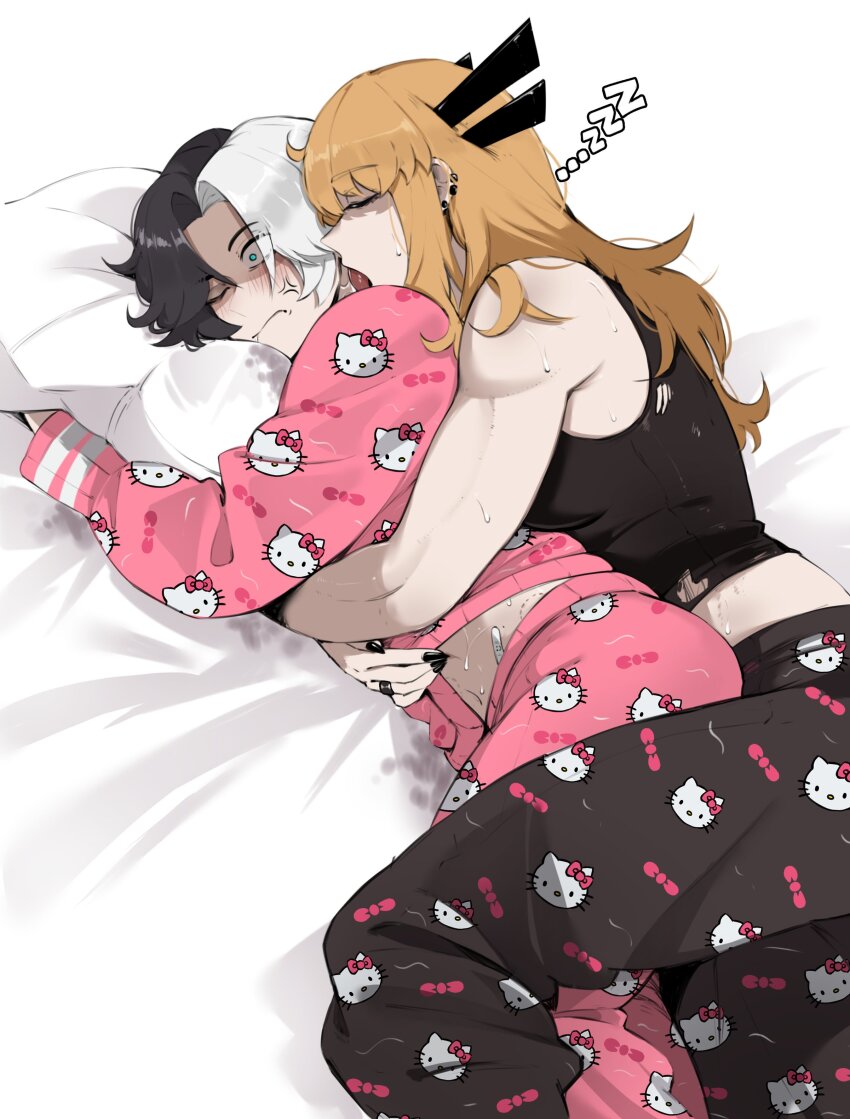 2girls absurdres anger_vein biceps bite_mark bite_mark_on_stomach black_hair blonde_hair character_print clothes_lift constricted_pupils crop_top hello_kitty hello_kitty_(character) highres hug implied_after_sex licking licking_another&#039;s_neck luna_snow magik_(x-men) marvel marvel_rivals masoq multicolored_hair multiple_girls muscular muscular_female one_eye_closed pajamas pillow pink_pajamas sanrio shirt_lift sleeping split-color_hair spooning sweat tank_top very_sweaty white_hair x-men yuri zzz