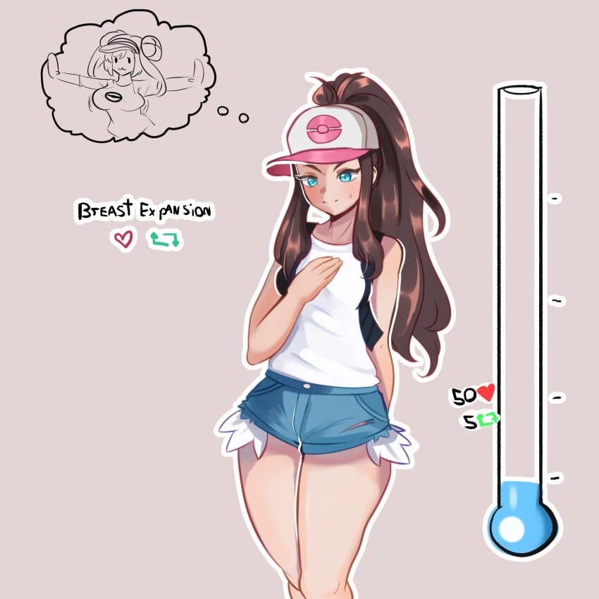 1girl alternate_breast_size baseball_cap blue_eyes breast_expansion breasts brown_hair denim denim_shorts female_focus hat highres hilda_(pokemon) like_and_retweet long_hair nintendo poke_ball_print pokemon pokemon_bw pokemon_bw2 ponytail rosa_(pokemon) shirt short_shorts shorts sleeveless sleeveless_shirt small_breasts solo speech_bubble tagme thought_bubble white_hat white_shirt yukimaruvs