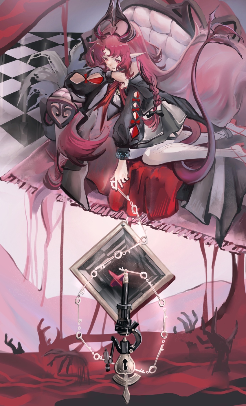 1girl absurdres arknights black_dress blood checkered_floor chinese_commentary couch disembodied_hand dress head_rest highres horns jewelry key locket long_hair looking_down masaru_lu microscope nymph_(arknights) pantyhose parted_lips pendant pink_eyes pink_hair pointy_ears pool_of_blood sidelocks sitting solo tail very_long_hair white_pantyhose