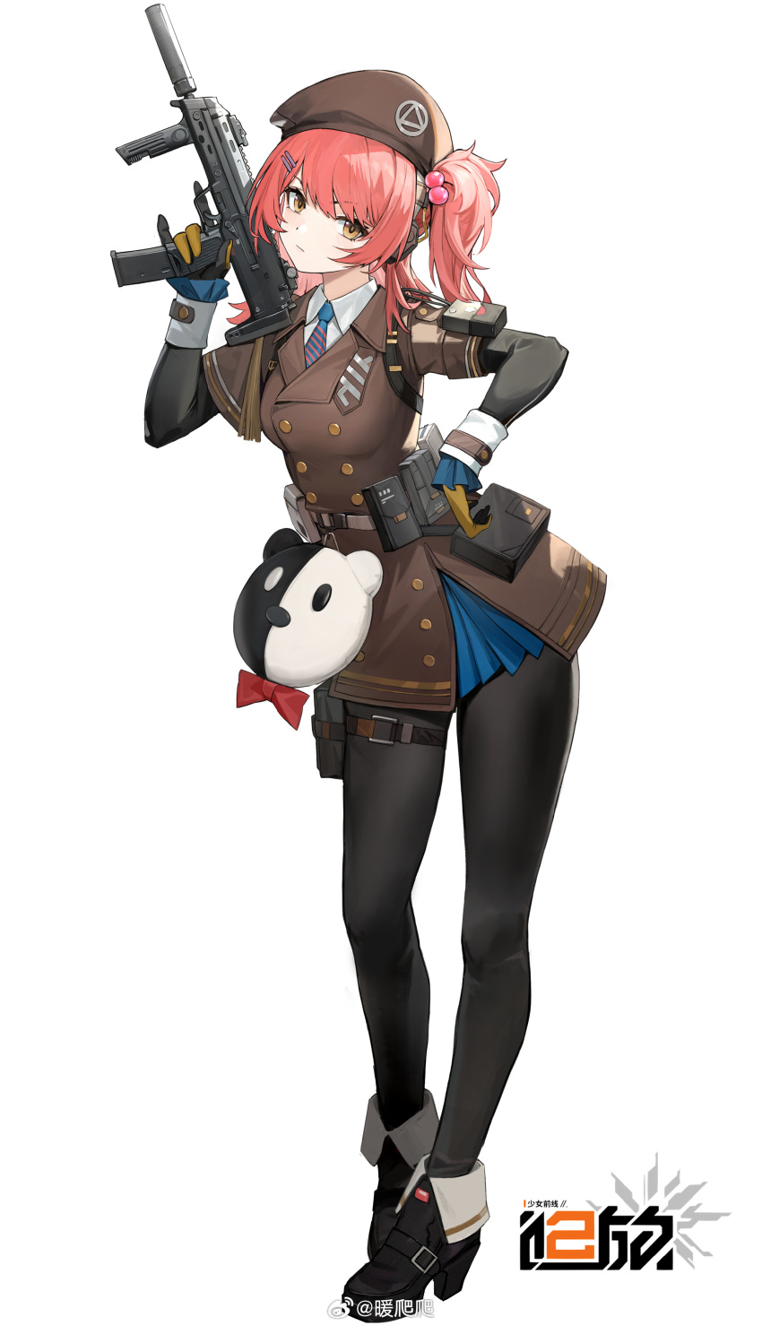 1girl :/ absurdres ankle_boots arm_pouch bear_charm belt_pouch beret black_boots black_gloves black_pantyhose blue_necktie boots brown_coat brown_hat buttons cheeta_(girls&#039;_frontline_2) coat coat_dress collared_shirt copyright_name double-breasted dress fold-over_boots full_body girls&#039;_frontline girls&#039;_frontline_2:_exilium gloves gun h&amp;k_mp7 hand_on_own_hip hand_up hat high_heels highres holding holding_gun holding_weapon layered_sleeves logo long_hair long_sleeves looking_at_viewer mp7_(girls&#039;_frontline) necktie nuanpapa official_art one_side_up pantyhose personal_defense_weapon pouch red_hair shirt short_dress short_over_long_sleeves short_sleeves solo submachine_gun suppressor tachi-e thigh_pouch v-shaped_eyebrows watermark weapon weibo_watermark white_background white_shirt yellow_eyes