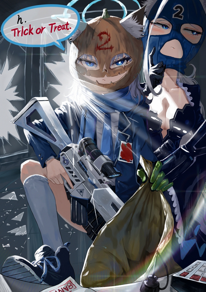 2girls :| absurdres animal_ear_fluff animal_ears assault_rifle averting_eyes bag balaclava bank blue_archive blue_dress blue_halo blue_jacket blue_scarf blush breasts broken_glass broken_window buttons cleavage closed_mouth collarbone dress dual_persona english_text finger_to_cheek glass gloves green_gloves gun halloween halo highres holding holding_bag holding_gun holding_weapon jack-o&#039;-lantern jacket kongaru_123 lapels leg_up long_sleeves looking_at_viewer mismatched_pupils multiple_girls notched_lapels number_print plunging_neckline pumpkin pumpkin_hat revealing_clothes rifle robbery scarf scope scratching_cheek shiroko_(blue_archive) shiroko_terror_(blue_archive) shoes sig_sauer_556 single_glove skirt sneakers socks speech_bubble trick_or_treat trigger_discipline weapon window wolf_ears