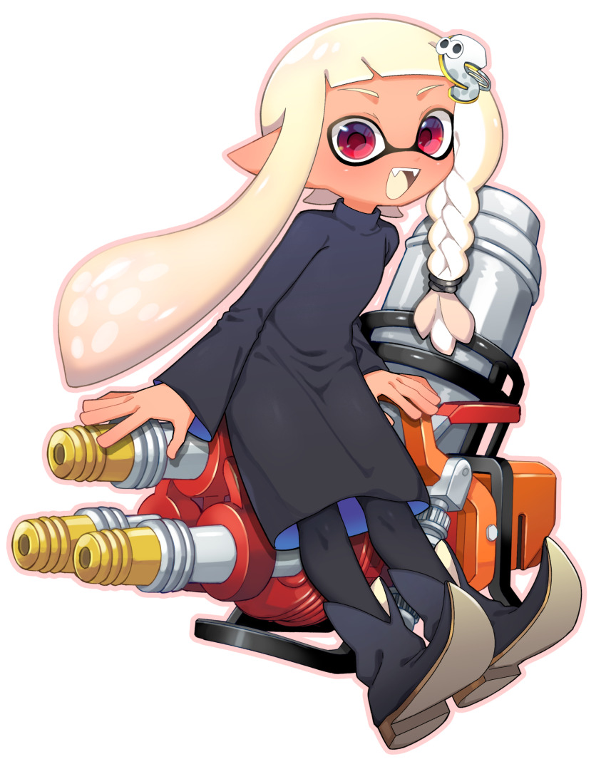 1girl :d absurdres black_boots black_dress black_pants blonde_hair boots braid colored_tongue commentary commission dark-skinned_female dark_skin dress english_commentary fangs full_body gatling_gun gun hair_ornament hairclip highres hydra_splatling_(splatoon) inkling inkling_girl inkling_player_character letter_hair_ornament long_hair long_sleeves looking_at_viewer machine_gun minamidena mixed-language_commentary nintendo open_mouth outline pants pink_outline pixiv_commission pointy_ears pointy_footwear red_eyes simple_background single_braid smile solo splatoon_(series) squid_girl tentacle_hair weapon white_background yellow_tongue