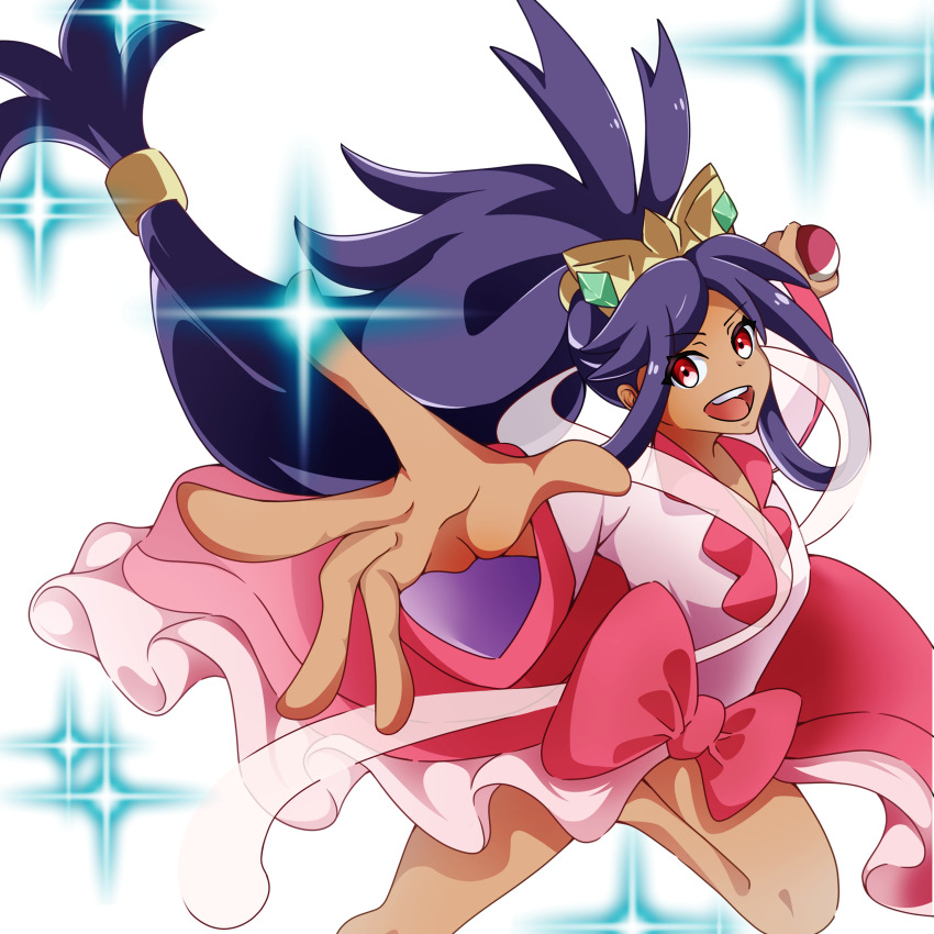 1girl absurdres ahoge bare_legs big_hair child clenched_hand dark-skinned_female dark_skin dress eyelashes feet_up female_focus flat_chest floating_hair happy highres holding holding_poke_ball iris_(pokemon) kageori1927 knees legs long_dress long_hair long_sleeves looking_at_viewer low-tied_long_hair neck nintendo official_alternate_costume official_alternate_hairstyle open_clothes open_hand open_mouth open_skirt outstretched_arms pink_dress poke_ball pokemon pokemon_bw2 ponytail purple_hair reaching reaching_towards_viewer red_eyes sidelocks_tied_back skirt sparkle standing standing_on_one_leg thighs tiara v-neck very_long_hair white_background wide_sleeves