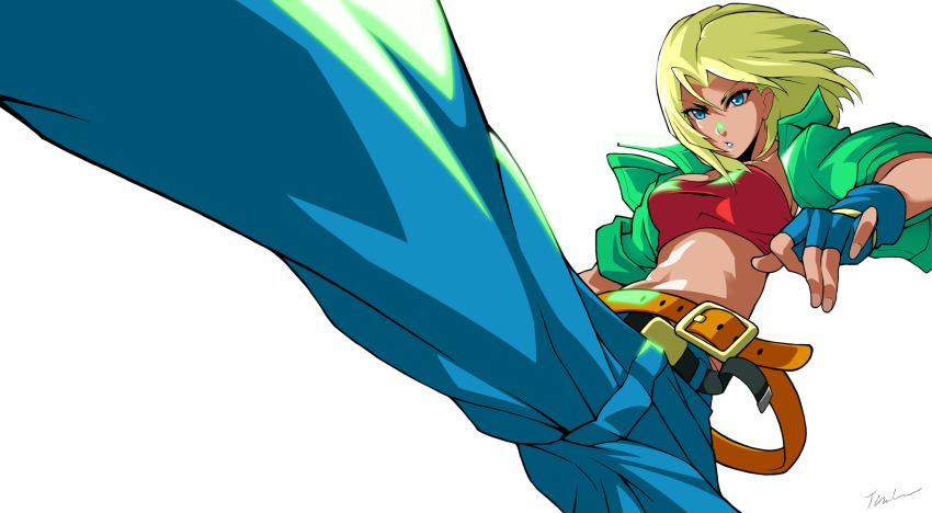 1girl baggy_pants belt blonde_hair blue_eyes blue_mary fatal_fury female_focus fingerless_gloves gloves halterneck highres jacket kicking makeup md5_mismatch midriff navel pants roundhouse_kick short_hair simple_background snk solo straight_hair the_king_of_fighters timuri