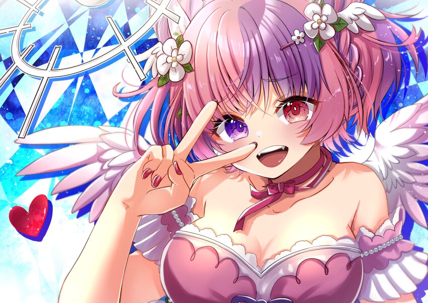 1girl absurdres alternate_hairstyle angel_wings bow bow_choker breasts choker cleavage demon_horns dress fallen_angel fang feathered_wings flower hair_flower hair_ornament hairpin heart heterochromia highres horns ironmouse ironmouse_(fallen_angel) large_breasts multicolored_hair nail_polish open_mouth pink_choker pink_dress pink_hair purple_eyes purple_hair red_eyes red_nails shimotsukishin short_hair smile solo streaked_hair teeth two_side_up upper_teeth_only v v_over_eye virtual_youtuber vshojo white_flower wings