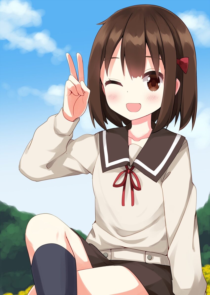 1girl ;d black_socks blue_sky blush bow brown_hair brown_sailor_collar brown_shirt brown_skirt collarbone commentary_request day hair_bow hanawa_kaoru hand_up highres kneehighs long_sleeves looking_at_viewer neck_ribbon one_eye_closed open_mouth outdoors red_bow red_ribbon ribbon ruu_(tksymkw) sailor_collar shirt short_hair sitting skirt sky smile socks solo tamayura v